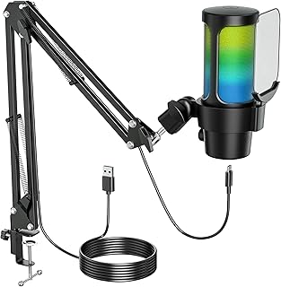Gaming Mikrofon mit Arm Plug & Play USB Kondensator Mikrofon mit RGB Licht, Mute-Taste, Pop-Filter & 1,8m USB-Kabel Mikrofon für PC, Laptop, Mac, PS4, PS5, Streaming, Podcast & Videokonferenzen