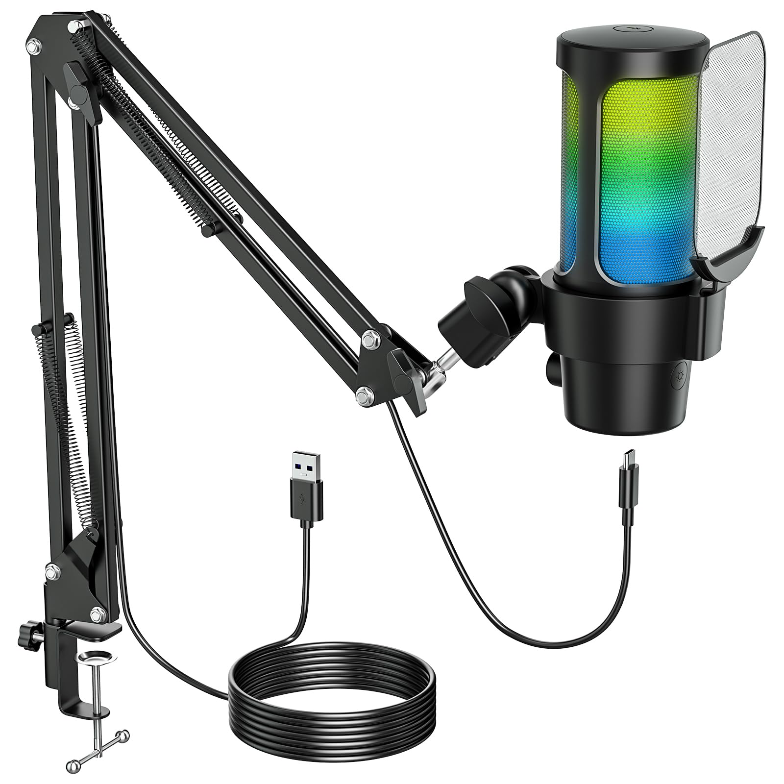 Anykuu Microphone Condensateur PC 1 avec Bras Articulé, RVB pour Streaming, Condensateur Cardioïde 192 kHz/24 Bits avec Bouton Silencieux, Plug & Play pour PC, Mac, PS4/PS5, Gaming, Podcast