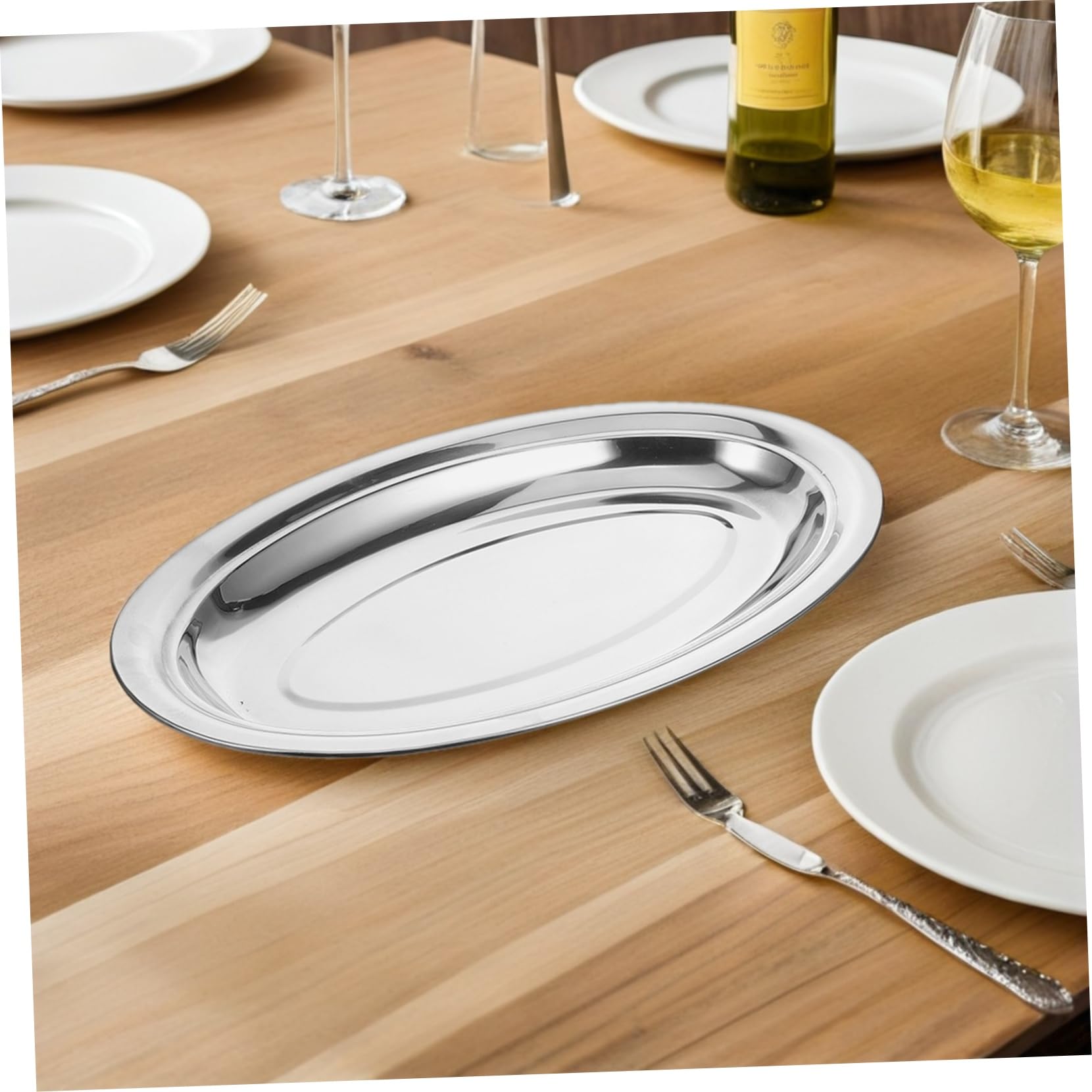 6 Platos Ovalados de Acero Inoxidable Pulido para Servir Pescado | 35 Cm, Acabado Plateado, Uso en Postres y Comidas Diarias, Fácil Limpieza