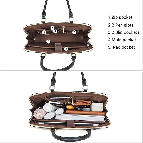 Miniatura 3 de Telena Bolsa de mano para laptop para mujer, bolsa de hombro de 15.6 pulgadas, maletín de cuero para mujer, bolsas de mano de gran capacidad