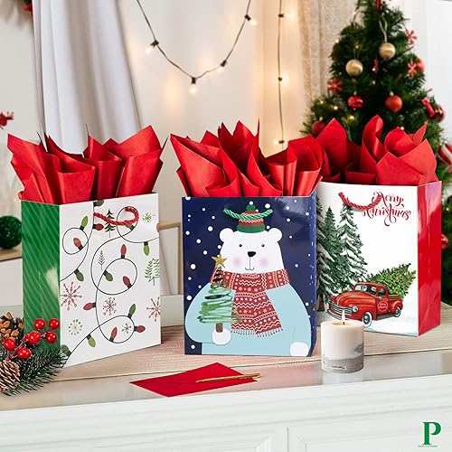 Miniatura 3 de 24 bolsas pequeñas de regalo de Navidad a granel con asas, 26 papel de seda y 60 etiquetas de regalo de Navidad, juego de 24 diseños surtidos de