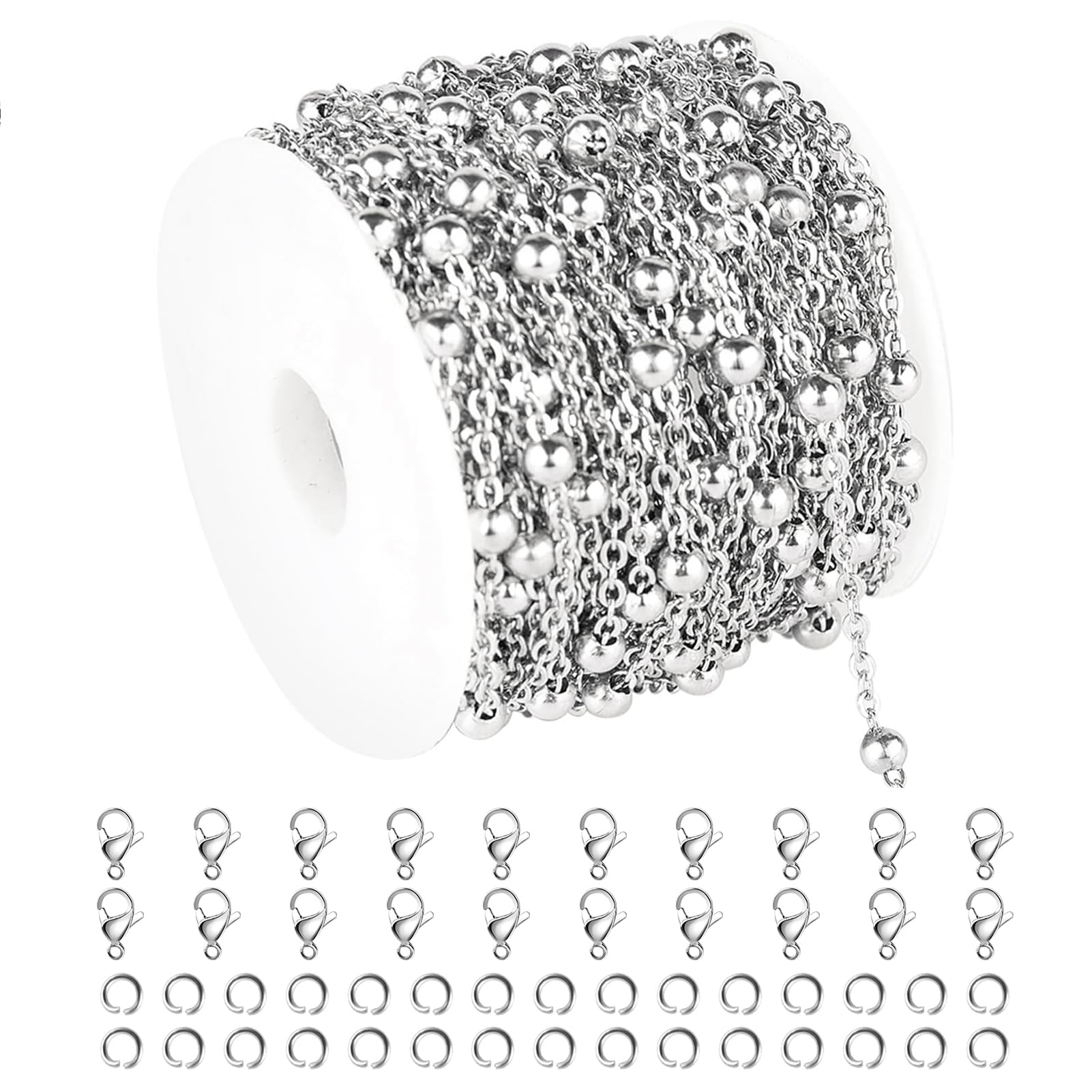 Kyutong 32.8 Feet Stainless Steel Chain Link with Spool Beaded Jewelry Making Chain Roll Silver Necklace Making Supplies for Women Men DIY Craft