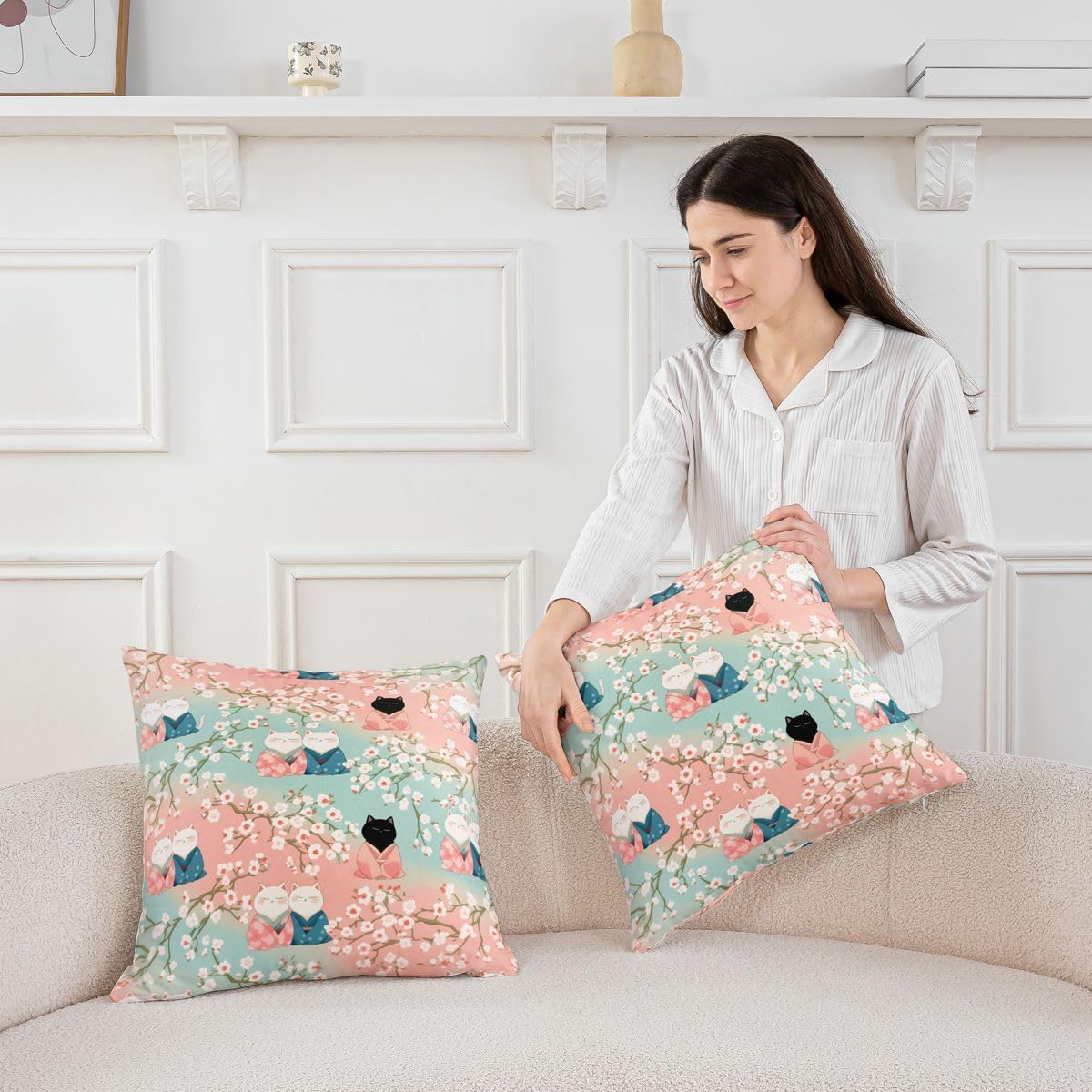 Manfei Kawaii Kimono Cat Cushion Cases 18X18 Set of 2 Cherry Blossom Japanese Cute Kitten Throw Pillow Covers Sweet Anime Cushion Covers for Kids Decorative Pillowcases Soft Pillows Covers Gray Pink image 3