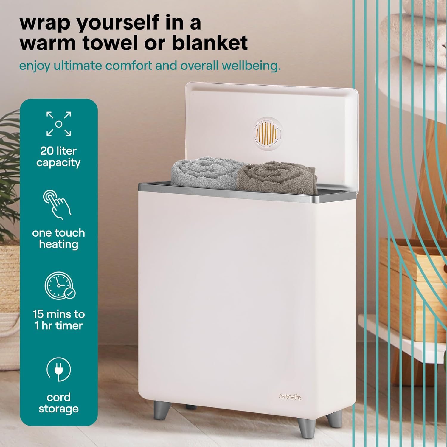 SereneLife Luxury Rectangle Towel Warmer - Spa & Bathroom Heater with Custom Fragrance, Auto Shut-Off, Fits 2 large Towels, Blankets, Bathrobes, PJ's - Perfect Gift for Him & Her (Silver) - Image 6