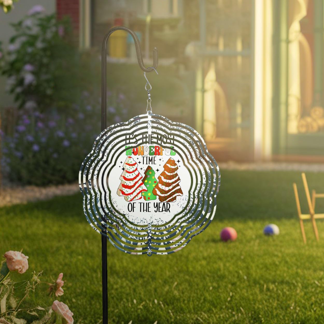 It's The Most Wonderful Time Christmas Wind Spinners 3D Stainless Steel Laser Cut Metal Double Sided Printing-Hanging Indoor/Outdoor Decorations Yard Gardening Decor,Metal Kinetic Art 14x14 inches