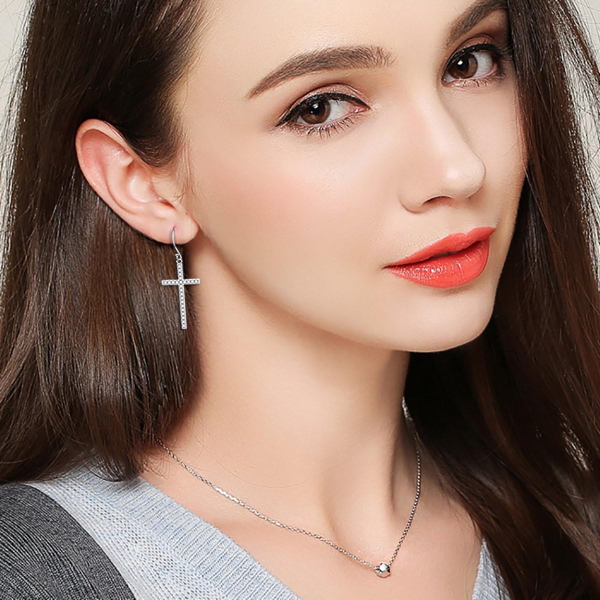 S925 Sterling Silver Jewelry Classic Cross Cubic zirconia Dangle Earrings for Women