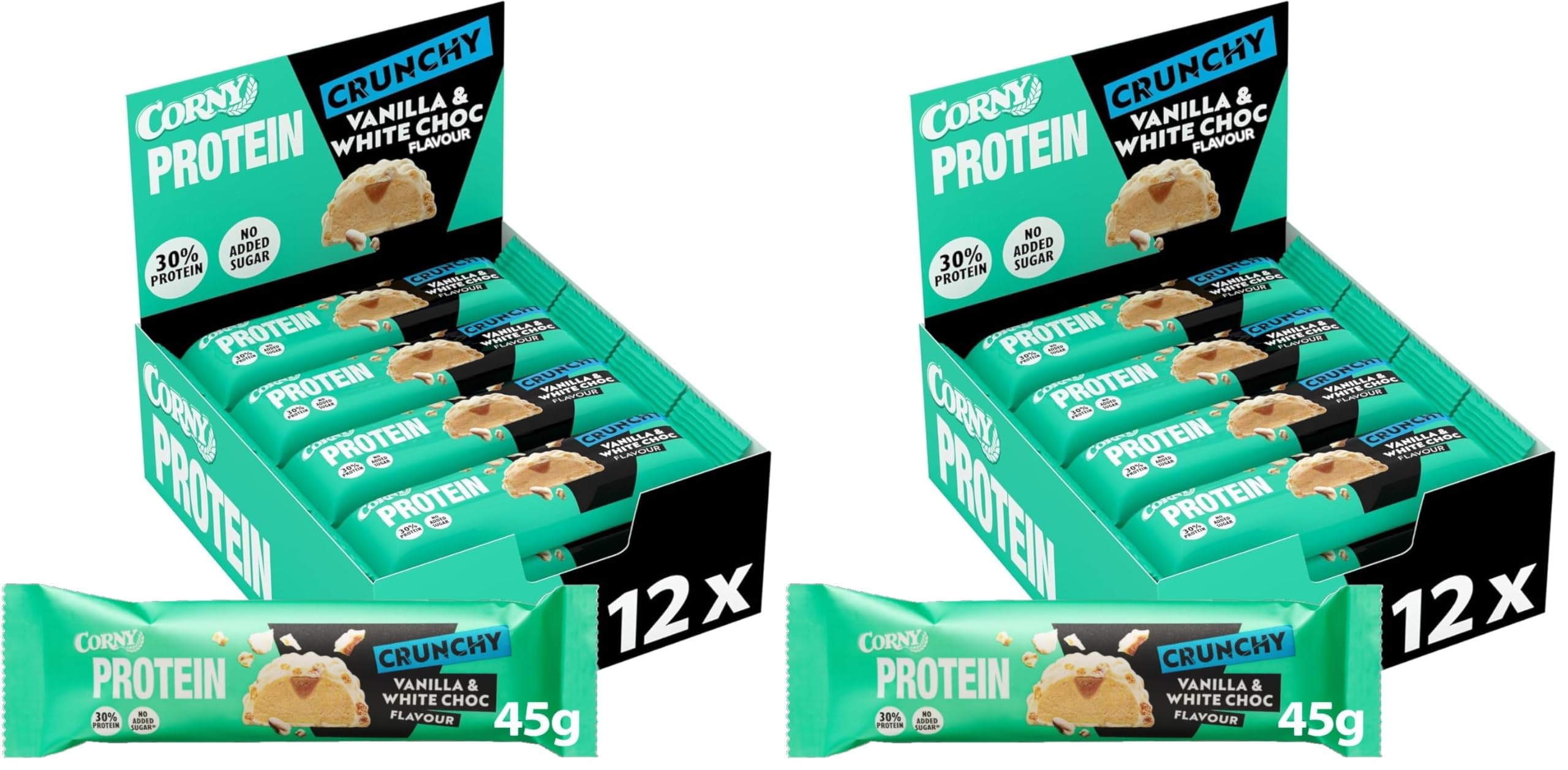 CORNY Protein Crunchy Cioccolato Bianco e Vaniglia, Barretta Proteica Senza Zuccheri Aggiunti*, 12 Barrette x 45g (Confezione da 2)