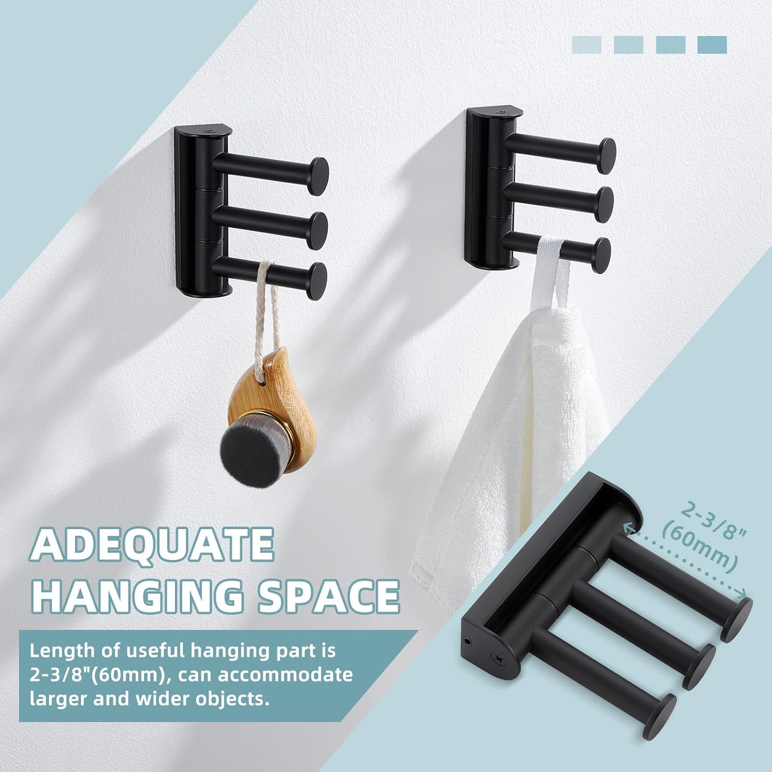 Suyar Towel Hook for Bathroom, SUS 304 Stainless Steel Swivel Robe Hook 3 Arms, Matte Black, 2 Pack
