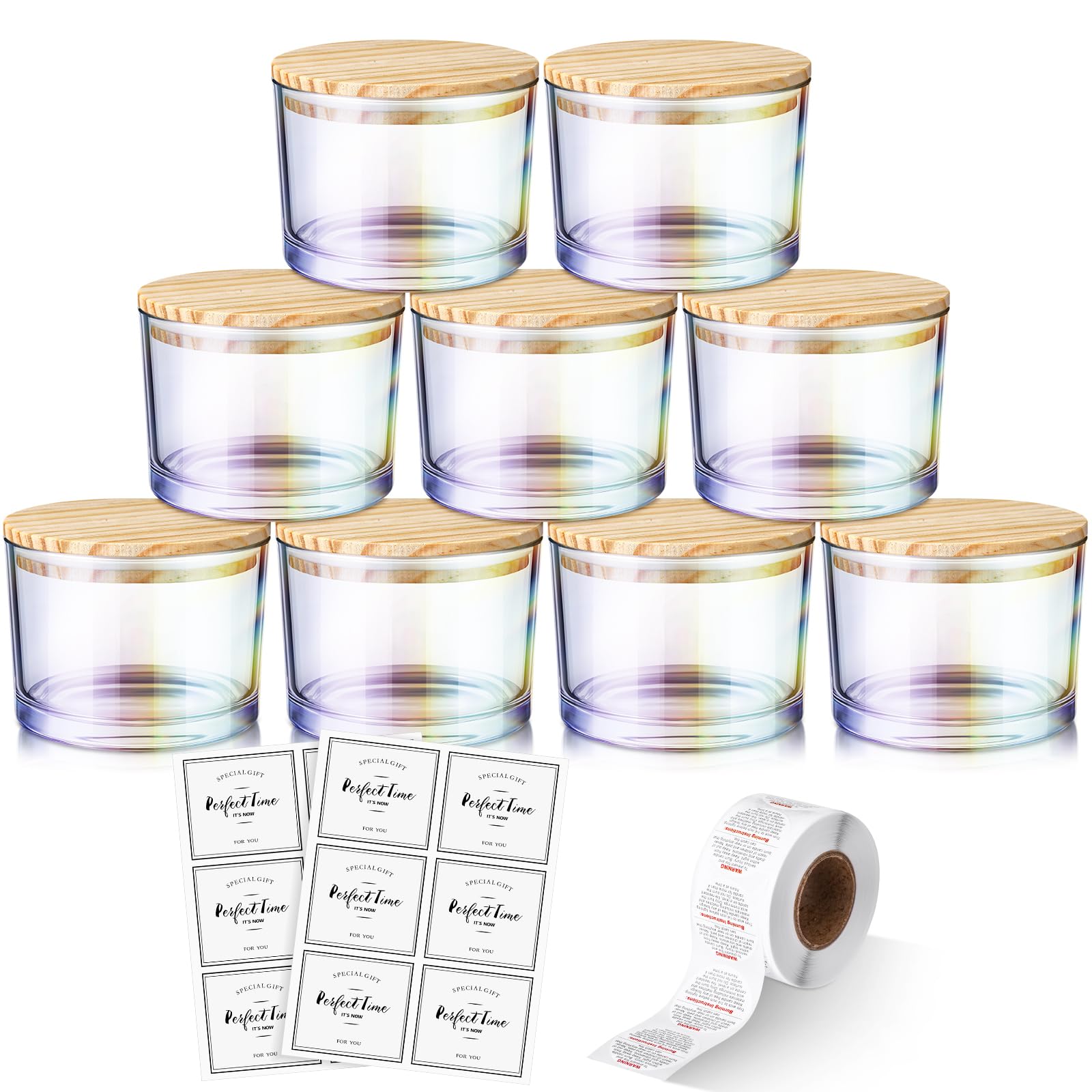 Honeydak 9 Pack Iridescent 16oz 3 Wick Candle Jars Empty Glass Candle Making Jars with Bamboo Lids and Sticky Labels Dishwasher Safe Clear Empty Jars with Wood Lids for Making Candles Spice Jars
