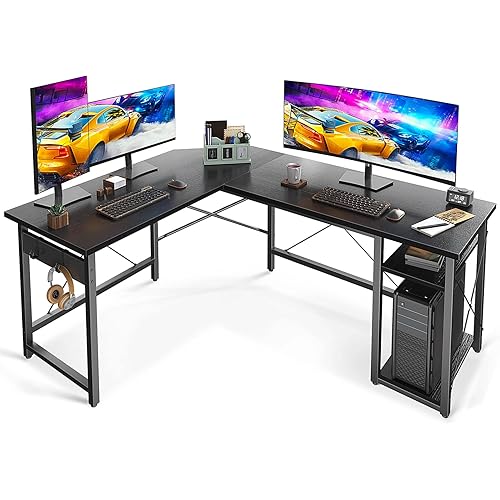 Coleshome L Shaped Computer Desk 59" with Storage Shelves, Corner Gaming, Sturdy, Writing, Workstation, Modern Wooden Desk Office Desk, Wood & Metal, Black