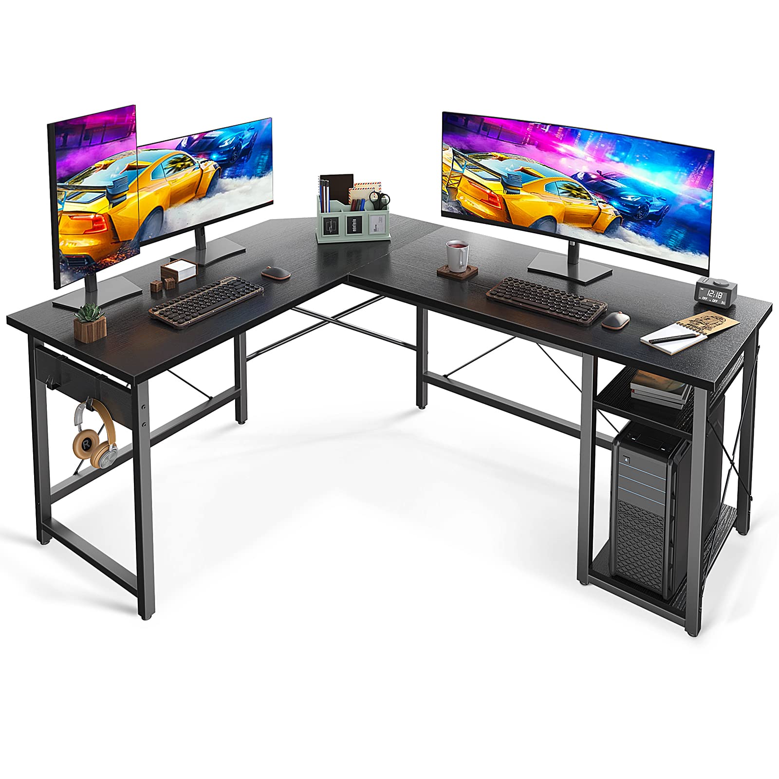 Coleshome L Shaped Computer Desk 59" with Storage Shelves, Gaming Desk L Desk Workstation for Home Office, Wood & Metal, Black