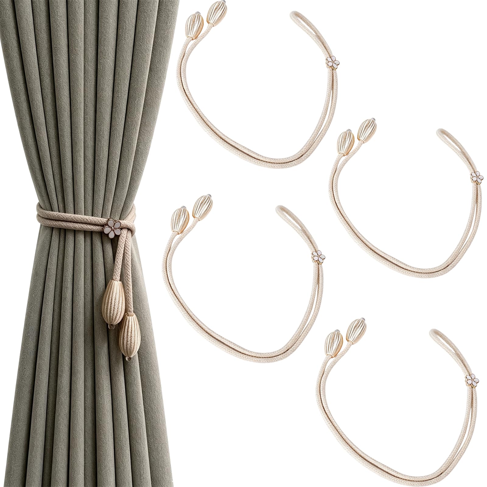 Kemay Curtain Tie Backs, 4Pack Hand Knitted Rope Curtain Tiebacks, Decorative Boho Drapery Holdbacks for Home Office Window Decoration, No Drill Required champagne