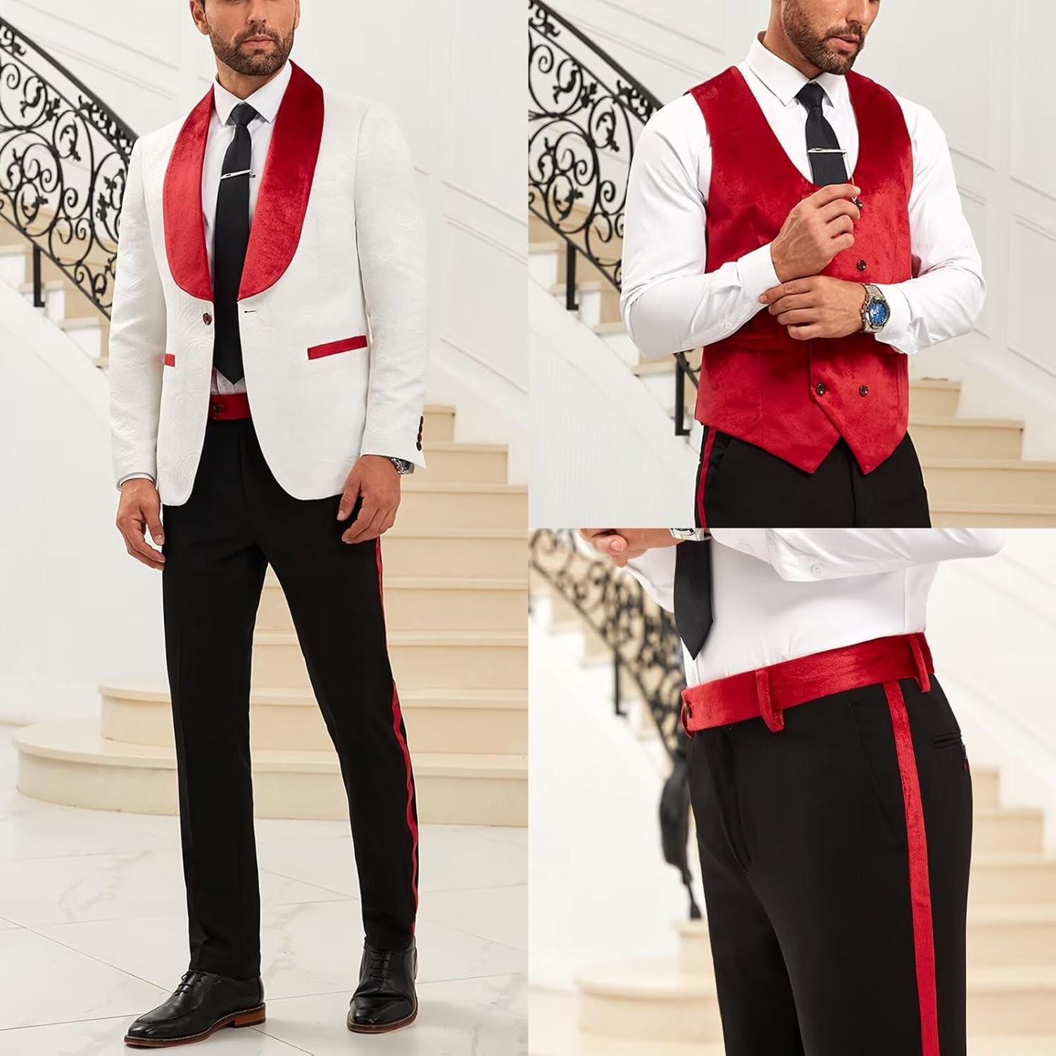 Mens Slim Fit Suit 3 Piece Suits Floral Tuxedos Shawl Lapel Velvet Suit Set for Men Formal Wedding Prom Party Suit - Image 2