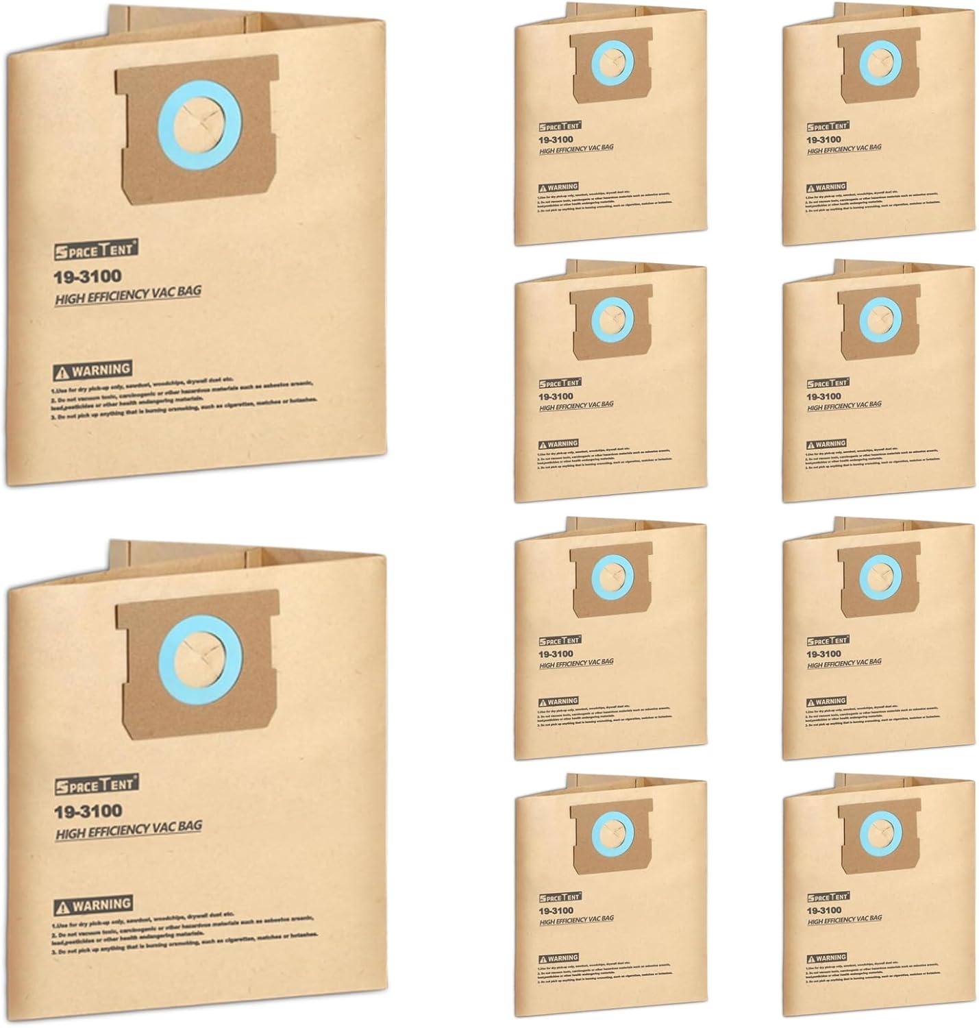 SpaceTent 10 Pack 19-3100 Shop Vac Bags for Stanley 5, 6, 8, 10 Gallon Wet/Dry Vacuums, Also Fit Porter-Cable 5 & 6 Gallon Vacs, Disposable High Efficiency Dust Filter Bags