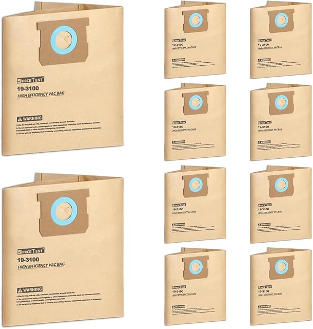 SpaceTent 10 Pack 19-3100 Sacs à vide pour Stanley 5, 6, 8, 10 Vacuums Gallon mouillés/séchés, également adaptés Porter-Cable 5 & 6 Gallon Vacs, sacs à filtre à poussière jetables à haute efficacité