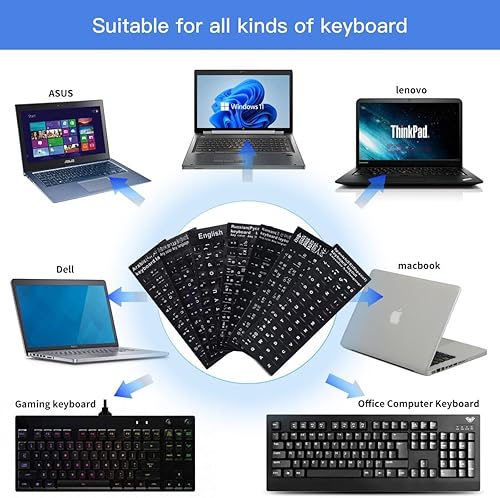 Vista 102 de Calcomanías de teclado inglés, paquete de 2 calcomanías de repuesto para teclado con fuente blanca sobre fondo negro, universales para computadora