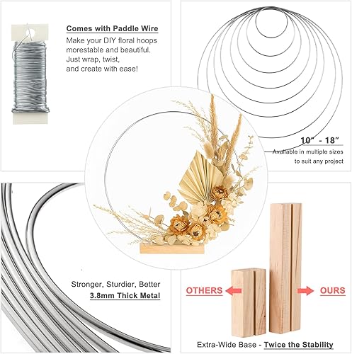 Miniatura 4 de Paquete de 10 aros florales con soportes y alambre de paleta de 38 yardas, anillos de metal de 8 pulgadas para centros de mesa de bricolaje,