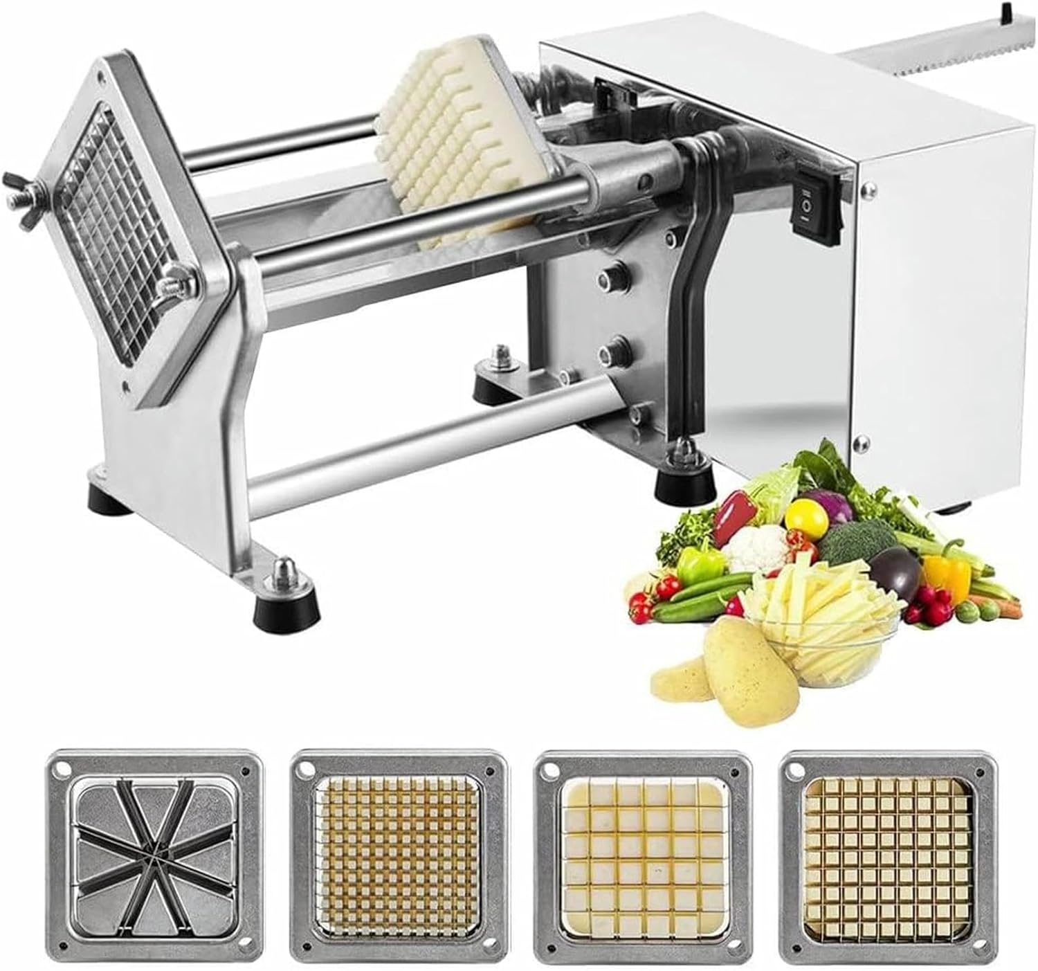 Electric Potato Cutter Machine - Stainless Steel French Fry Cutter with 6mm, 9mm, 13mm Cutting Blades for Chips and Crinkle Cuts