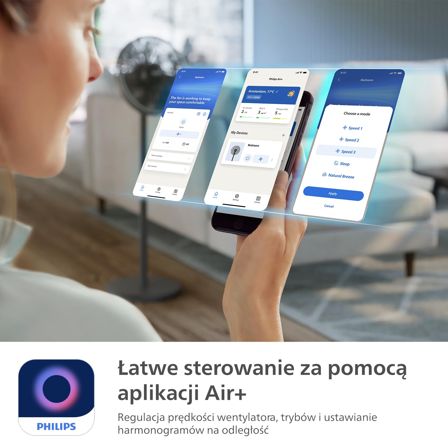 Inteligentny Wentylator Philips Seria 3000. Wydajny i Cichy Z Technologią SilentWings. 19 dB. Regulowana wysokość: wentylator Stołowy i Stojący 2w1. Odchylany i Obrotowy. Aplikacja. Czarny (CX3550/01)
