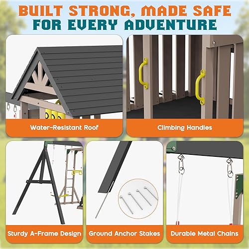 Miniatura 5 de Albott Juego de columpios de madera para niños, gran casa de juegos de abeto al aire libre con cocina de juego, toboganes ondulados, columpios,