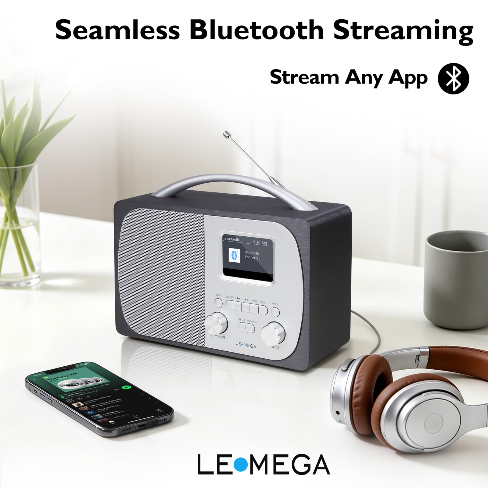 LEMEGA DR5 Radio Numérique DAB/DAB+ Bluetooth Réveil FM Secteur Piles Compacte Bois Métal Brossé
