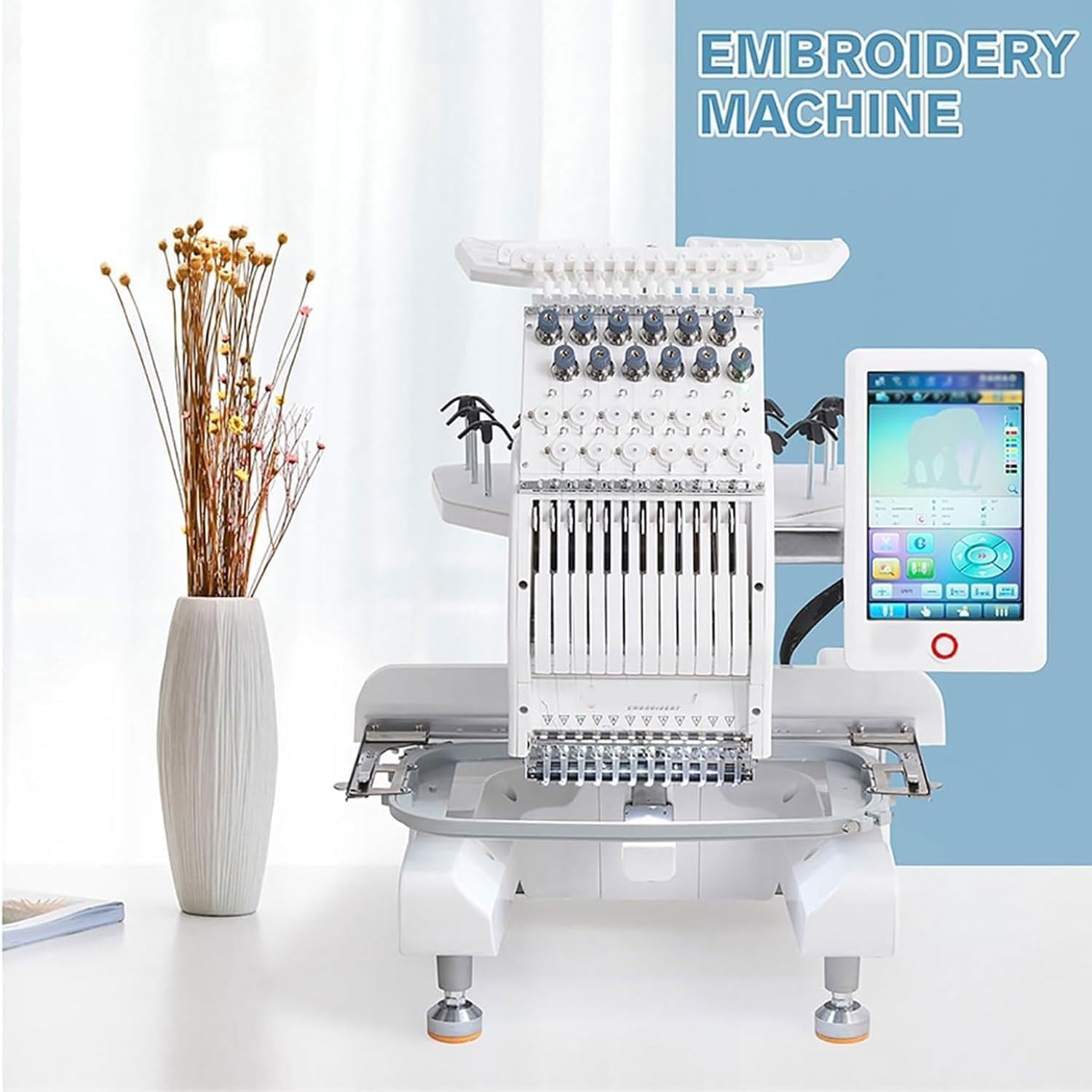 15Needles Automatic Embroidery Machine, 1000rpm Thread Trimming&Color Changing Sewing Machine, 20x30cm Embroidery Area&500 Pre-stored Patterns, 200 Million Needles Capacity, Border Design, for Cloth