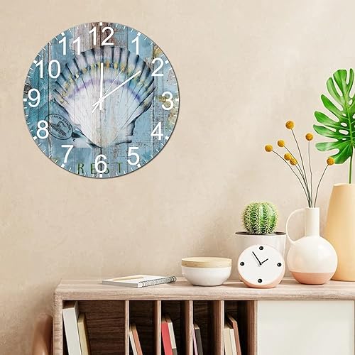 Miniatura 6 de Reloj colgante de animales marinos vintage de 10 pulgadas, reloj de pared de madera de concha marina silencioso, funciona con pilas, paisaje marino,