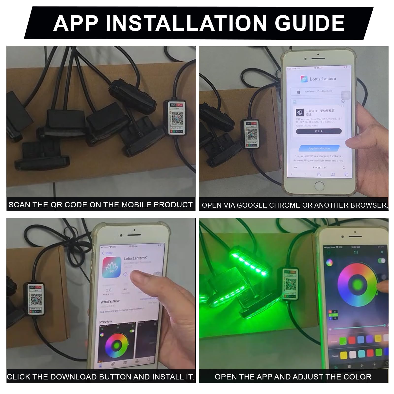 Luci per Griglia Anteriore RGB con Fusibile, Set da 4, Controllo App, Compatibilità Universale