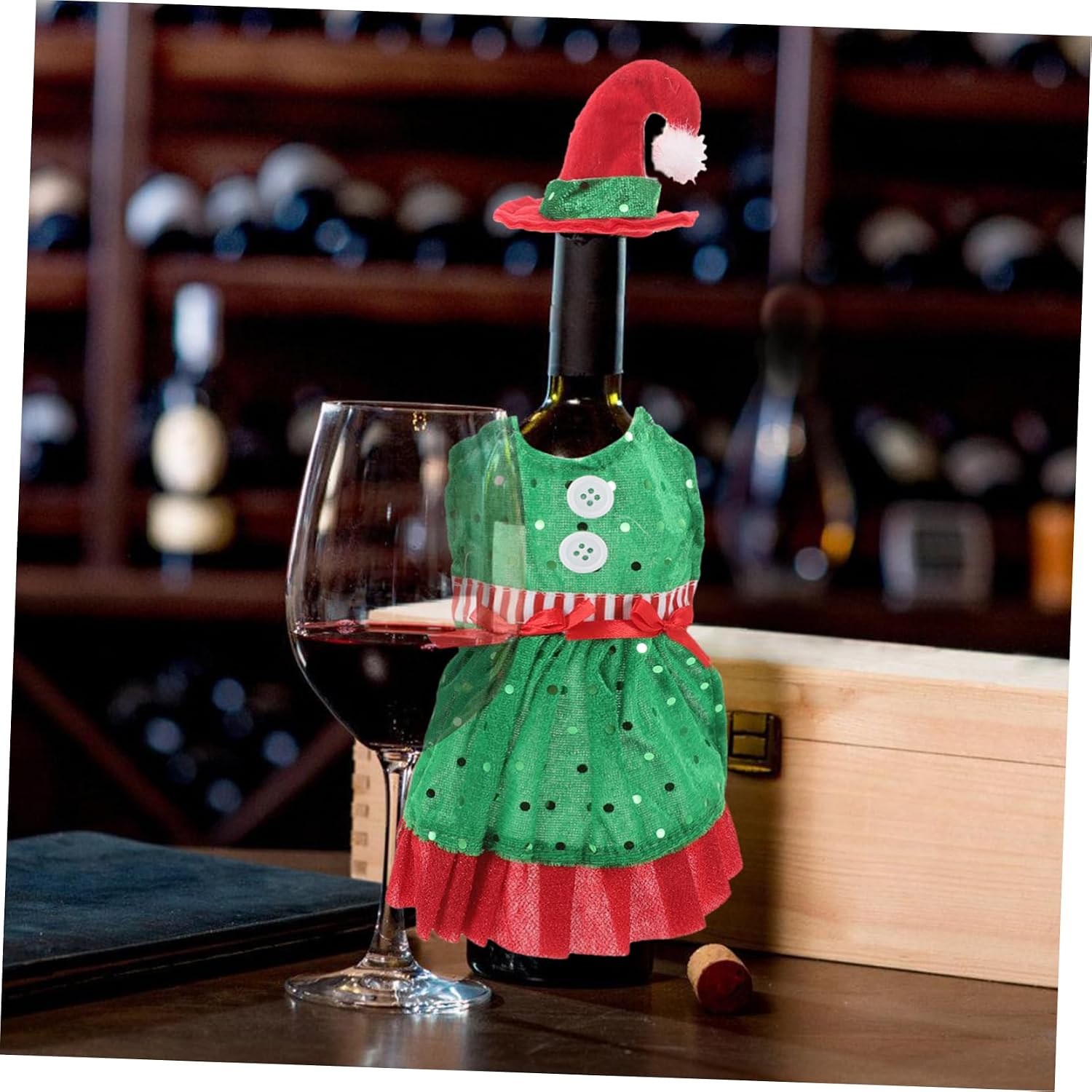 2pcs Xmas Elf Wine Bottle Cover Hat Green Lint Cloth Decor
