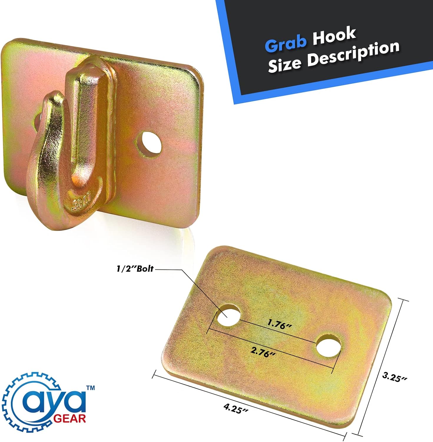 3/8" G70 Tractor Bucket Grab Hook, 15,400 lbs Break Strength, Bolt-On Forged Steel, No Backer Plate, Gold
