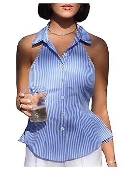 Floerns Women's Sleeveless Tank Striped Print Button Down