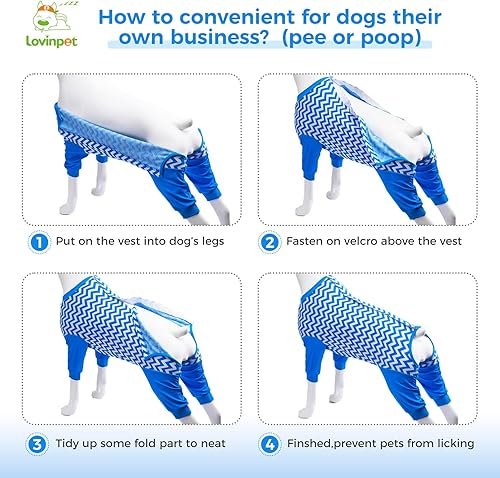 Miniatura 6 de LovinPet Traje de recuperación para perros grandes y medianos para heridas abdominales después de una cirugía, envoltura de piernas, azul ondulado,
