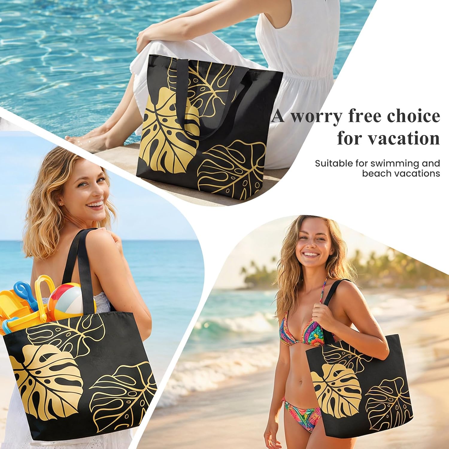 Beach Bag with Zipper Lightweigh Swimming Pool Bag Versatile Waterproof Tear-Resistant Beach Tote Bag Large Capacity Monstera Print Shoulder Tote Bag for Shopping, Travel and Daily Use