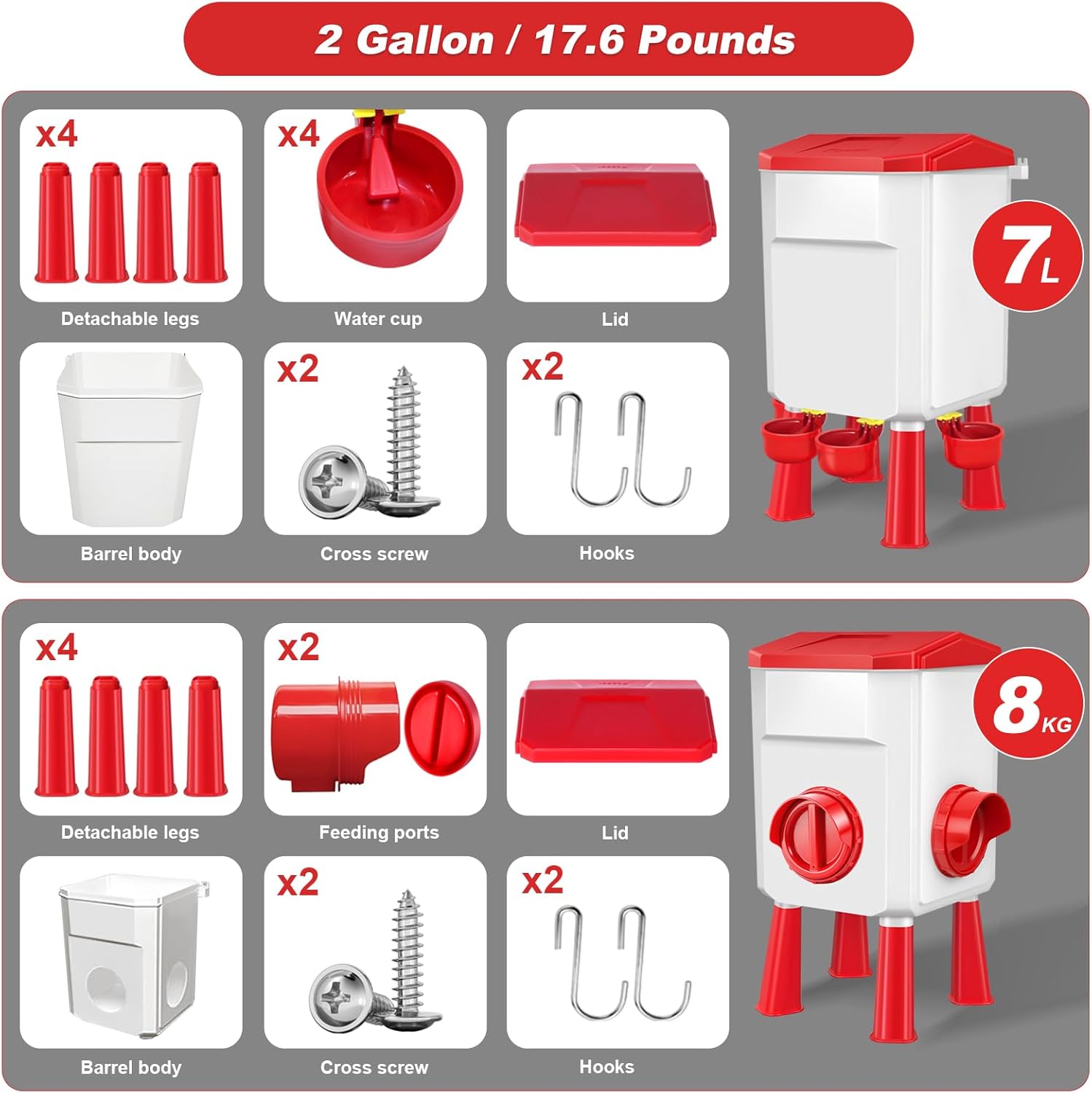 Chicken Feeder and Waterer Set 2 Gallon/17.6 Pounds, Automatic Chick Feeder and Waterer Set No Waste, Poultry Feeder Large for Hens/Ducks/Poultry