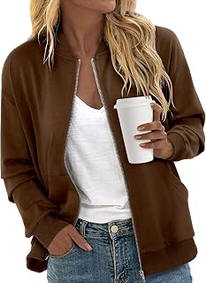 CRAZYGRID Women's Zip-Up Bomber Jacket: Breathable Long Sleeve Fall Sweatshirt Coat with Pockets, S-XXL