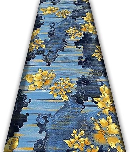 Alfombras modernas para pasillo, estilo chino dorado azul oscuro, antideslizantes, para sala de estar, muy largas, lavables, para cocina, escaleras,