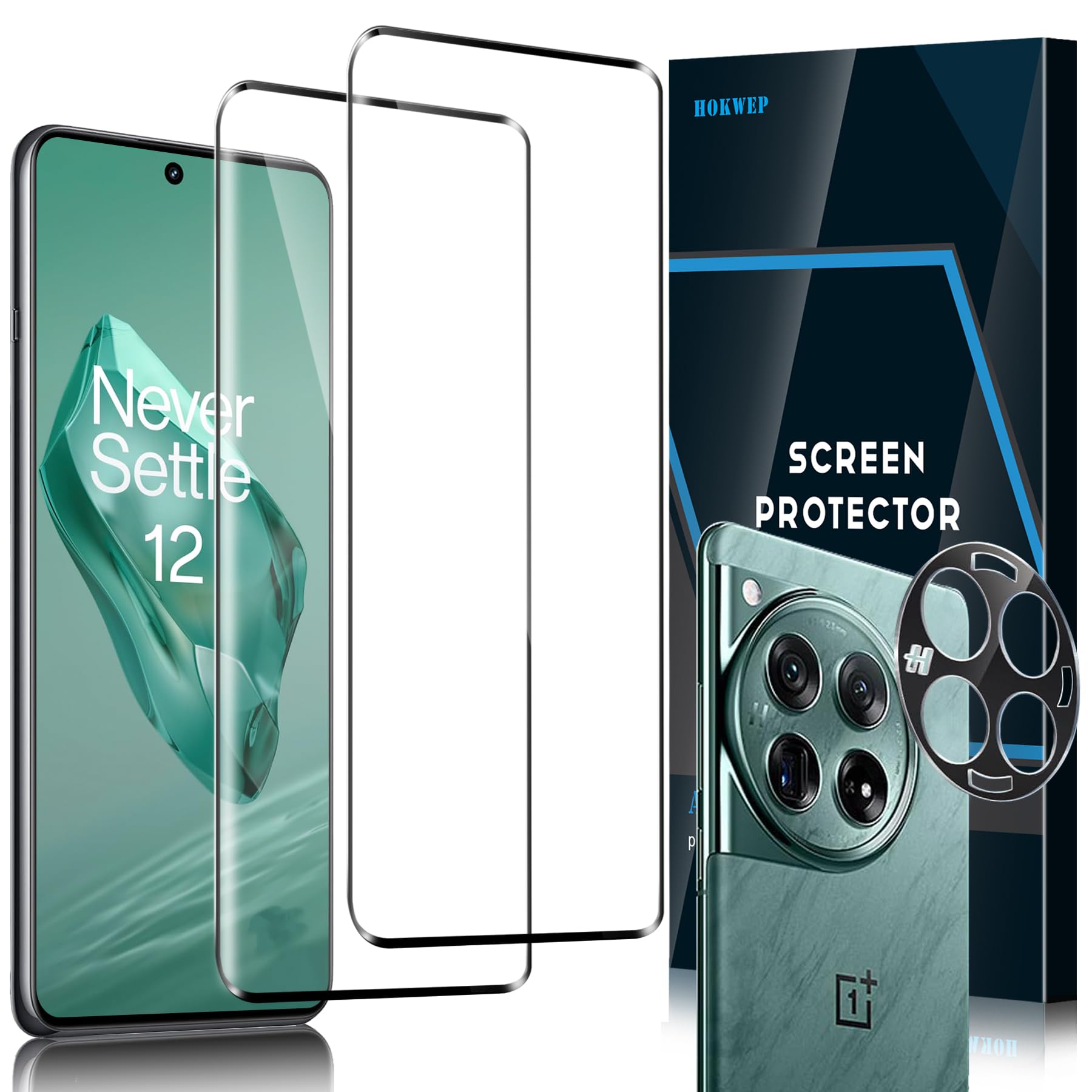 [2+1 Pack] Screen Protector for OnePlus 12, 2 Pack 9H Tempered Glass Screen Protector+1 Pack Glass Camera Lens Protector, Support Fingerprint Sensor Easy Install HD Film Compatible with OnePlus12