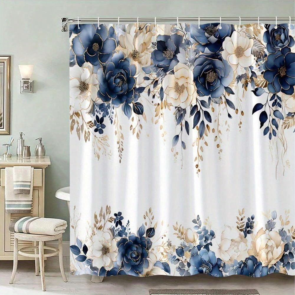 GLKSDLPO Fashionable Floraltrimmed Shower Curtain, Featuring A Deep Blue, Beige, And Gold Watercolor Wet Room Bathtub Curtain(170x210cm/67x83in(WxH)