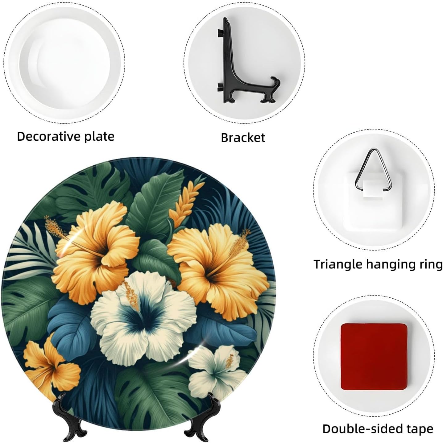 Hibiscus-Tropical-Flower 10 Inch Decorative Plate With Stand, Elegant Display Wall Plate For Home Decor
