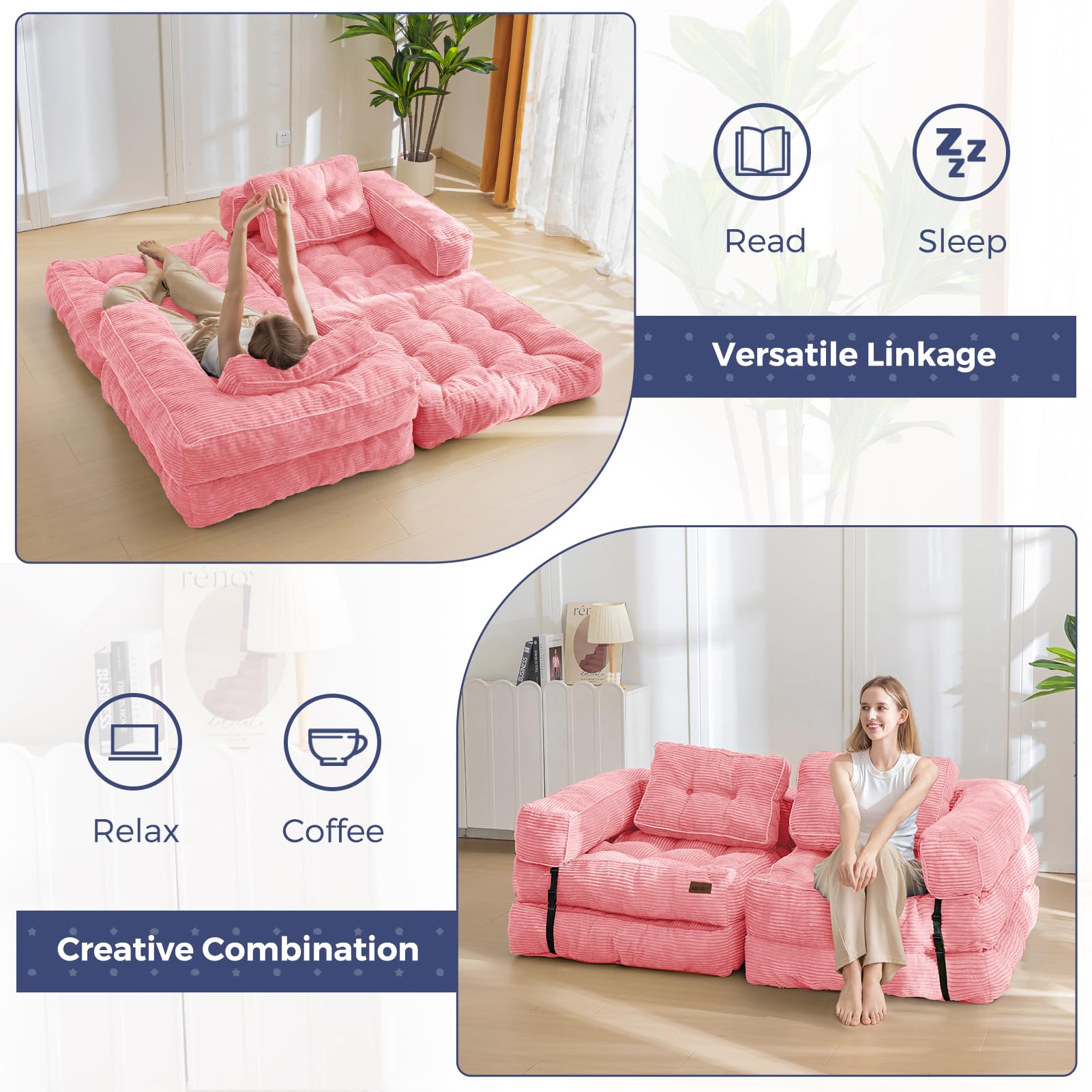 MAXYOYO Faltbares Schlafsofa,Cord Umwandelbarer Sofa Bett Schlafsessel mit Kissen,160x80 cm Komfortable Schlafcouch Bodensofa-Lounge für Schlafzimmer Wohnzimmer