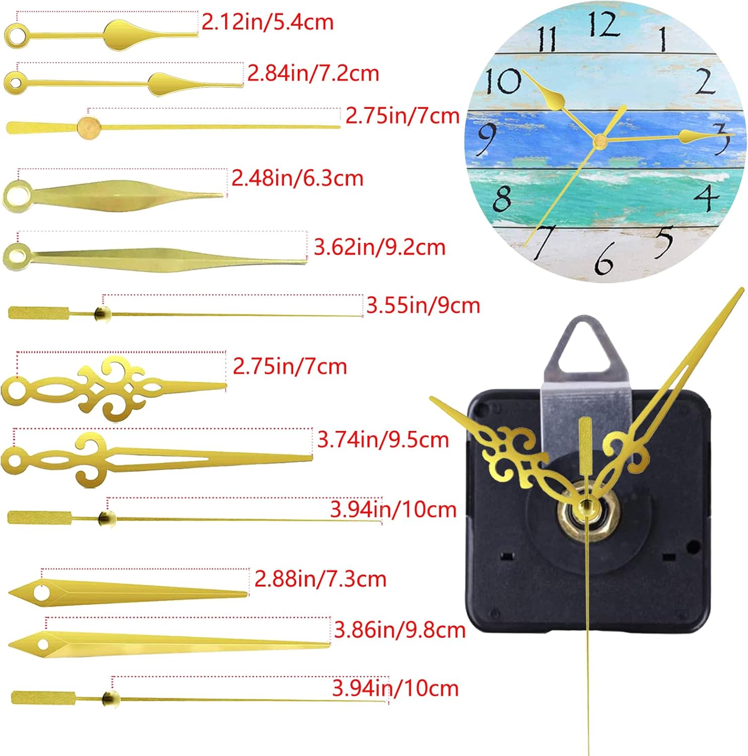 14 Styles Non Ticking Wall Clock Movements Mechanism, Clock Hands Made of Aluminum, Clock Hands Quartz Motor Kit Battery Operated DIY Clock Accessories for Repair Parts Replacement,Black,Gold