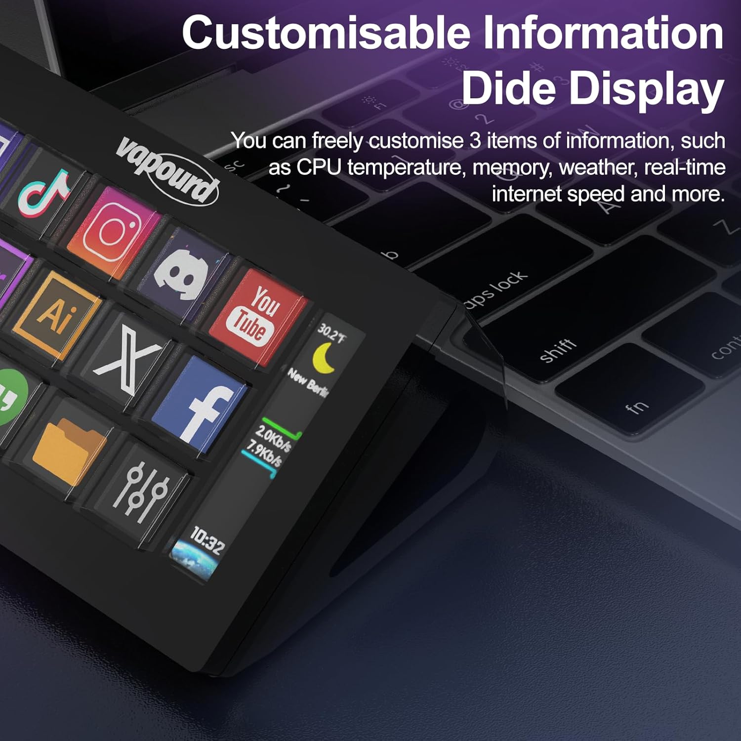 Close-up of the Stream Deck displaying customizable information such as CPU temperature, weather, and internet speed.