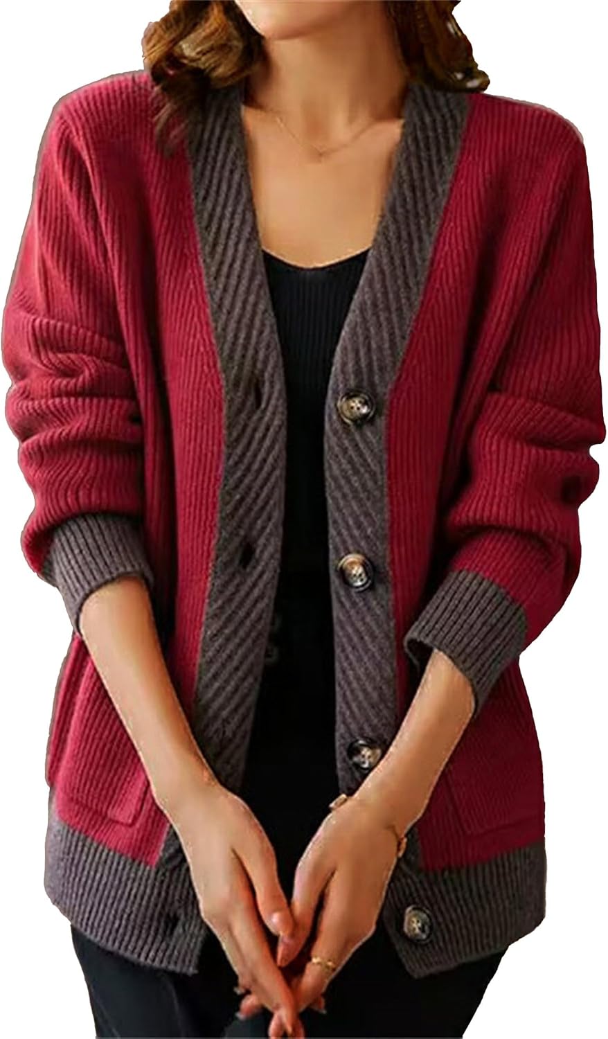 Womens Ribbed Cardigan Sweaters Lightweight Cable Knit Outerwear Chunky Open Front Button Down Coats with Pockets