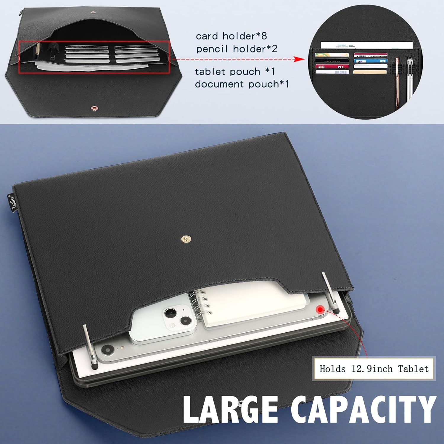 Toplive Document File Folder, Waterproof PU Leather A4 Letter Envelope Folder Case File Organizer Dual Layers Stylish Document Holder with 8 Card Holder 2 Pen Loop for Travel Office School, Black