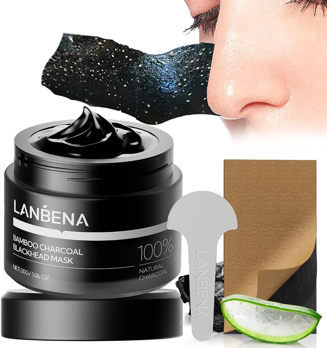 LANBENA 3.0 Mascarilla eliminadora de puntos negros de carbón de bambú, tiras para poros de la nariz, 60 piezas