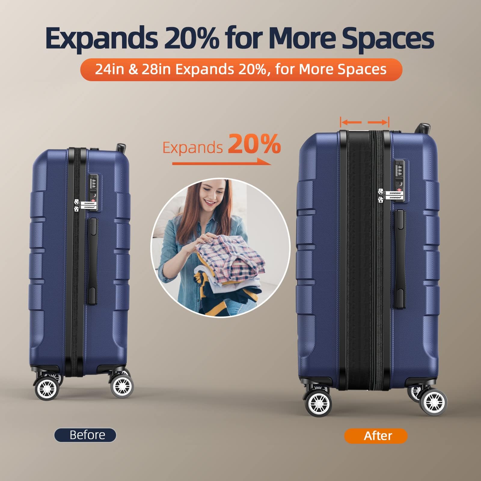 SHOWKOO Valigie da viaggio rigide espandibili ABS+PC Trolley Set valigie Cabina leggera durevole con 4 ruote doppie girevoli e chiusura TSA
