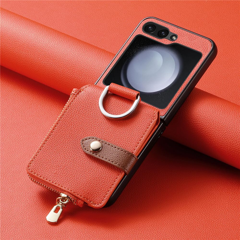 Funda genérica compatible con Samsung Galaxy Z Flip 4 (color: naranja) Funda rígida de piel con cierre de bolsillo, con cierre de bolsillo, tarjeta, parte trasera