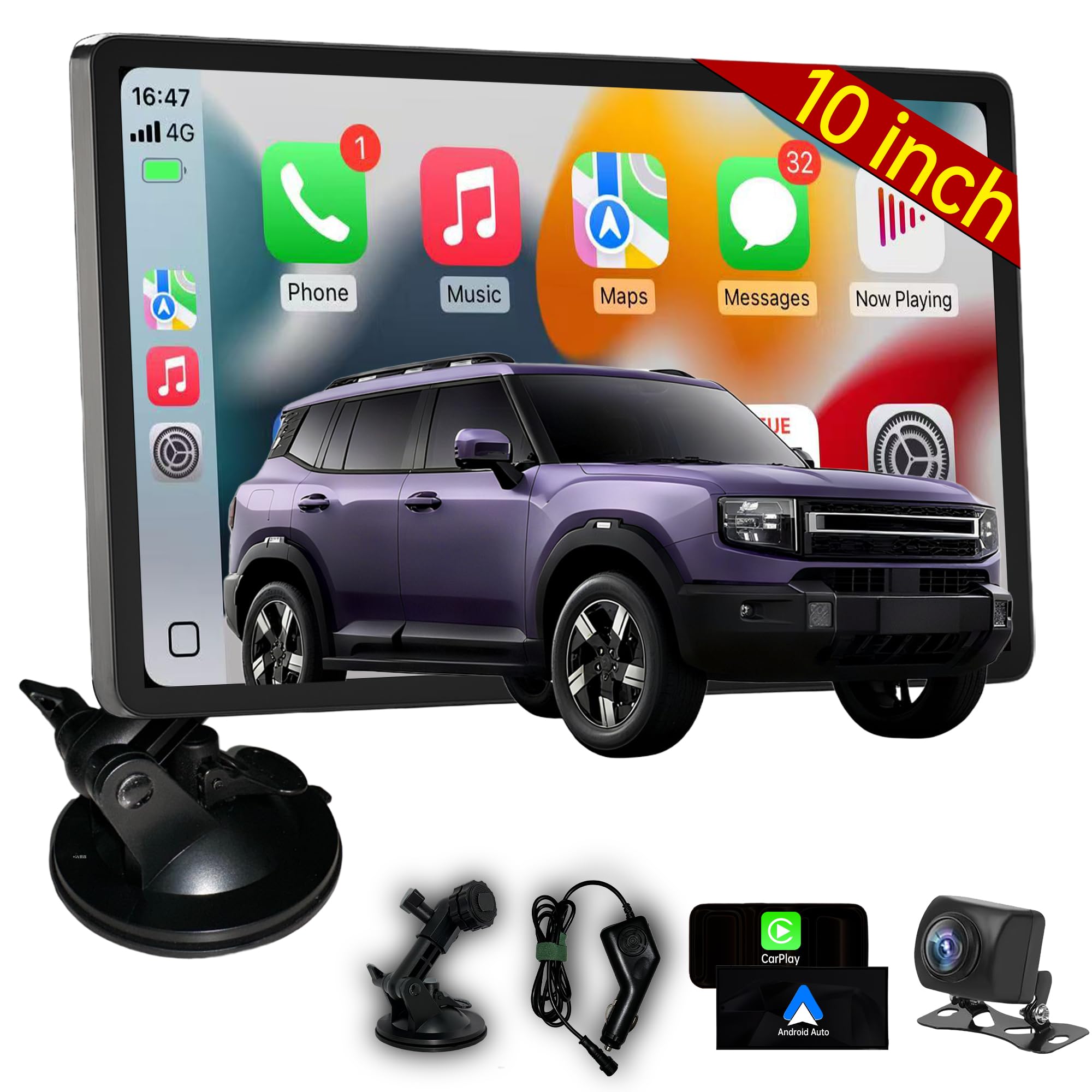 Photo 1 of 10 Inch CarPlay Screen for Car, 10.1" Touch Screen with Apple CarPlay & Android Auto, Portable CarPlay Stereo for Cars, Vans, Pickups, and SUVs, with Navigation & Voice Control