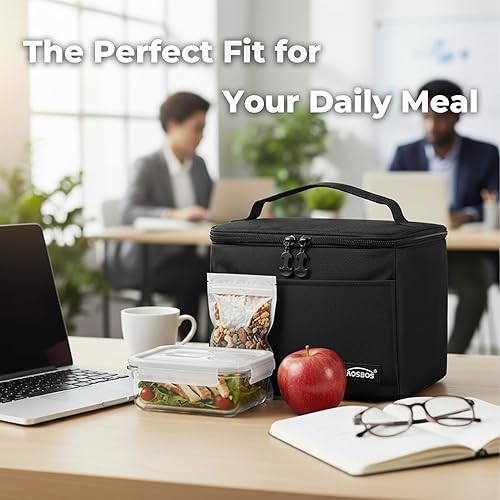 Miniatura 4 de Aosbos Lonchera negra para adultos, 7.5 l suave para el trabajo, oficina y picnic, a prueba de fugas, impermeable, cremalleras SBS