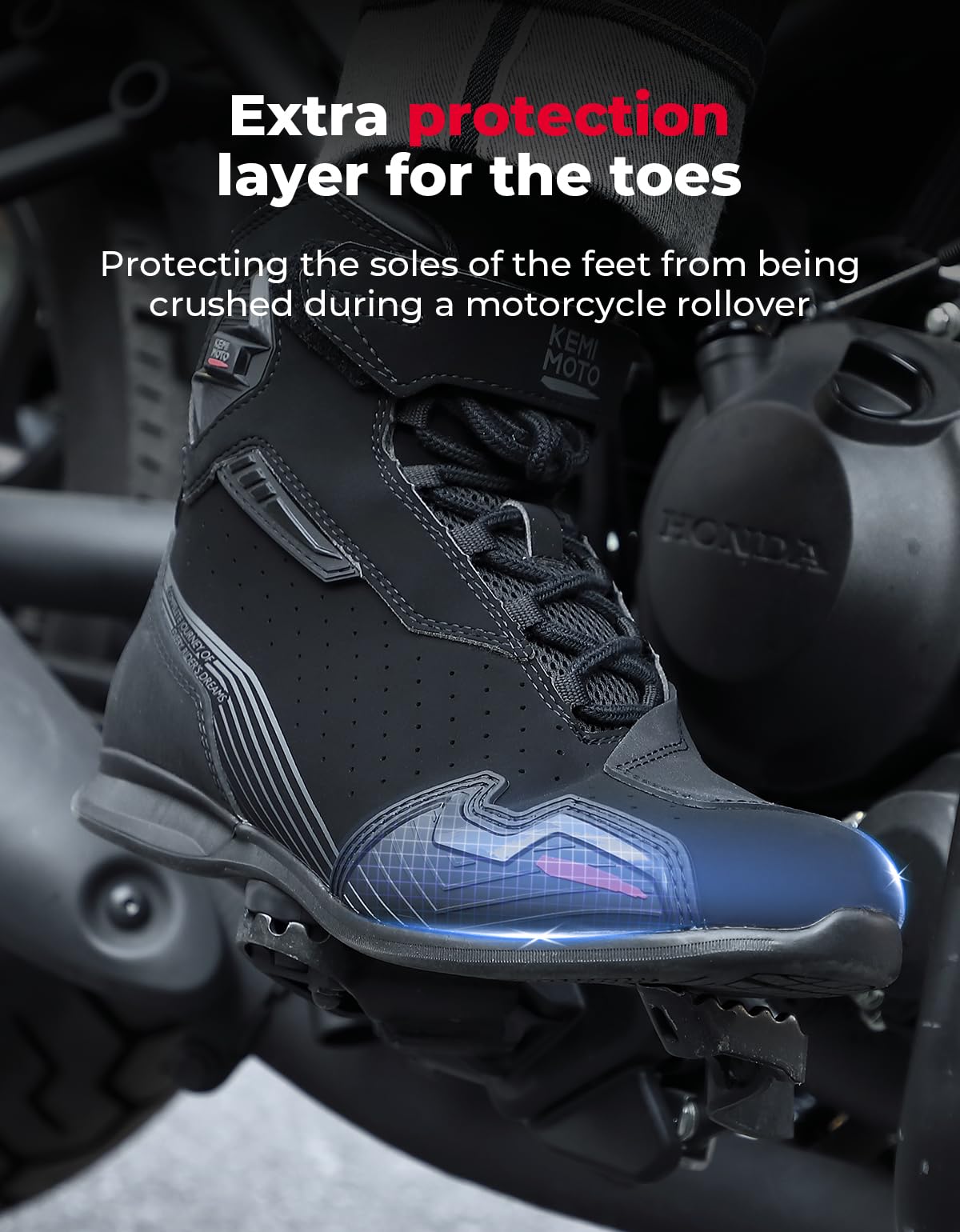 KEMIMOTO Botas de Moto para Hombre, CE Certificadas, Zapatos de Motocicleta Refuerzo de Cambios de Marcha de Material TPR, Zapatillas Transpirables y Resistentes al Desgaste Protección de Tobillos